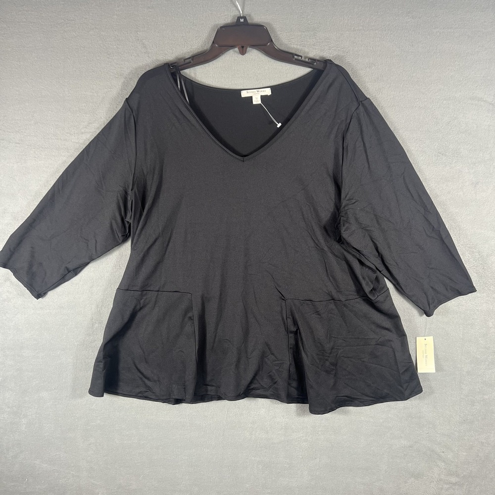 Studio Works Woman Plus Size 3X Black Peplum V-Neck 3/4 Sleeve Top Tunic NWT‎